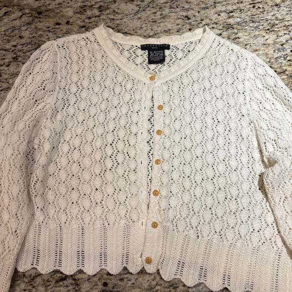 Vtg Cardigan Womens Xl Petite Knit Eyelet Scalloped 80s Cottagecore White Cream - Picture 2 of 8